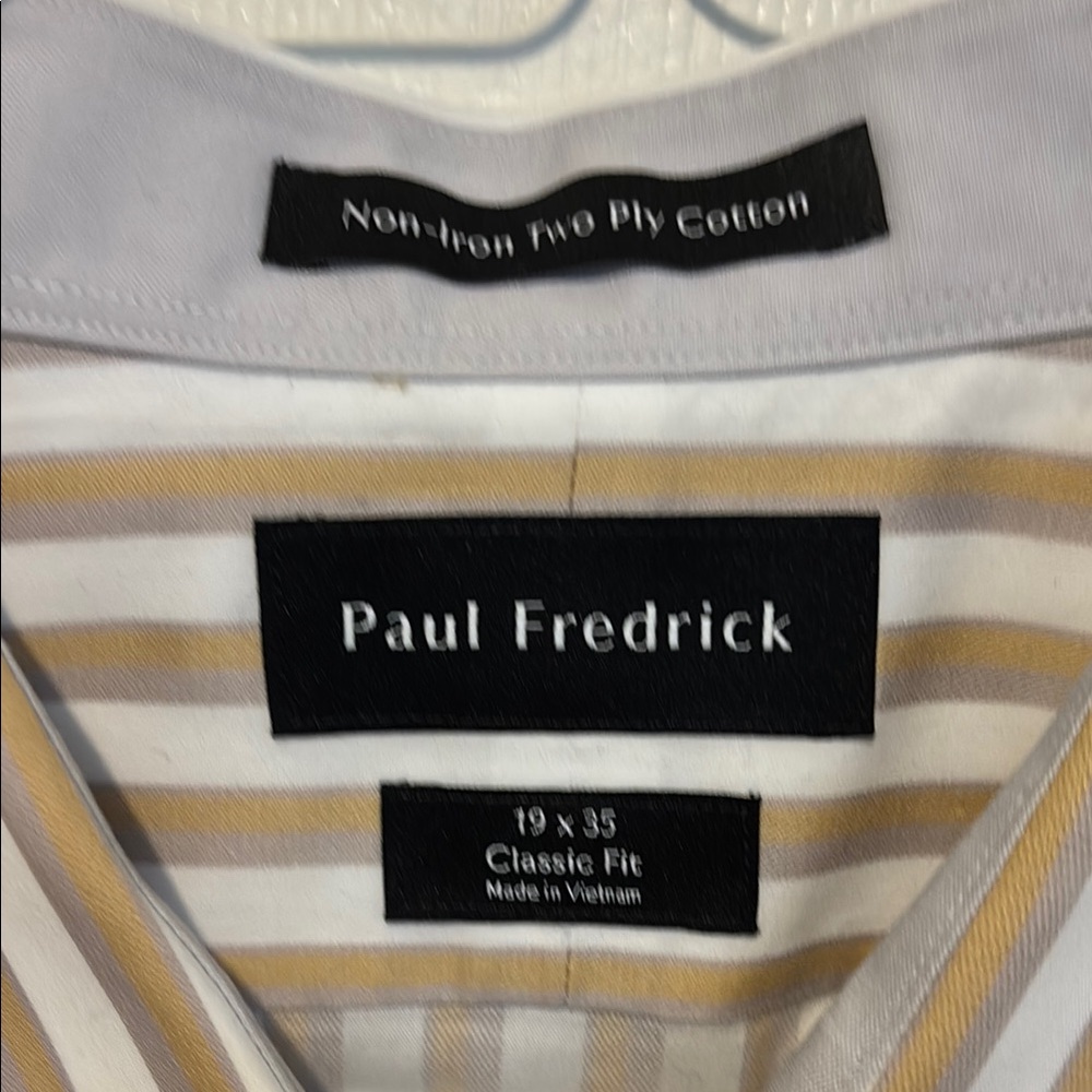 Paul Fredrick Men's Dress Shirt - Tan and White Stripes - Picture 2 of 4